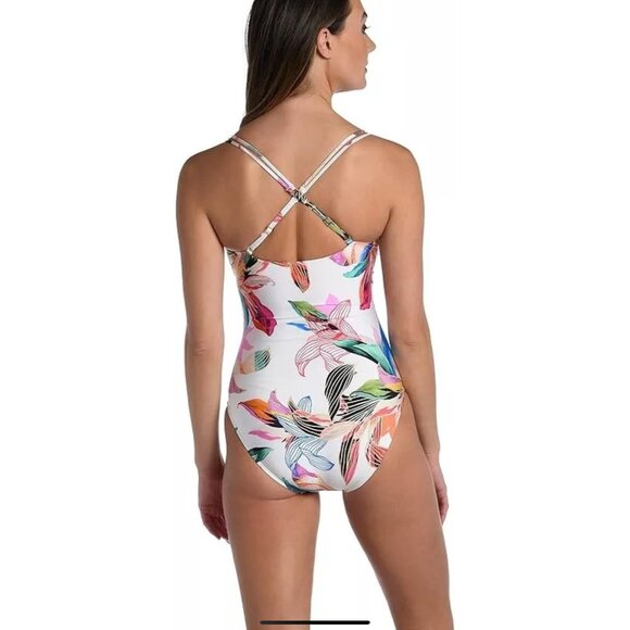 SOLD LA BLANCA Floral One Piece Swimsuit Women 16 Paradise Tropical Cross Back - Picture 2 of 16